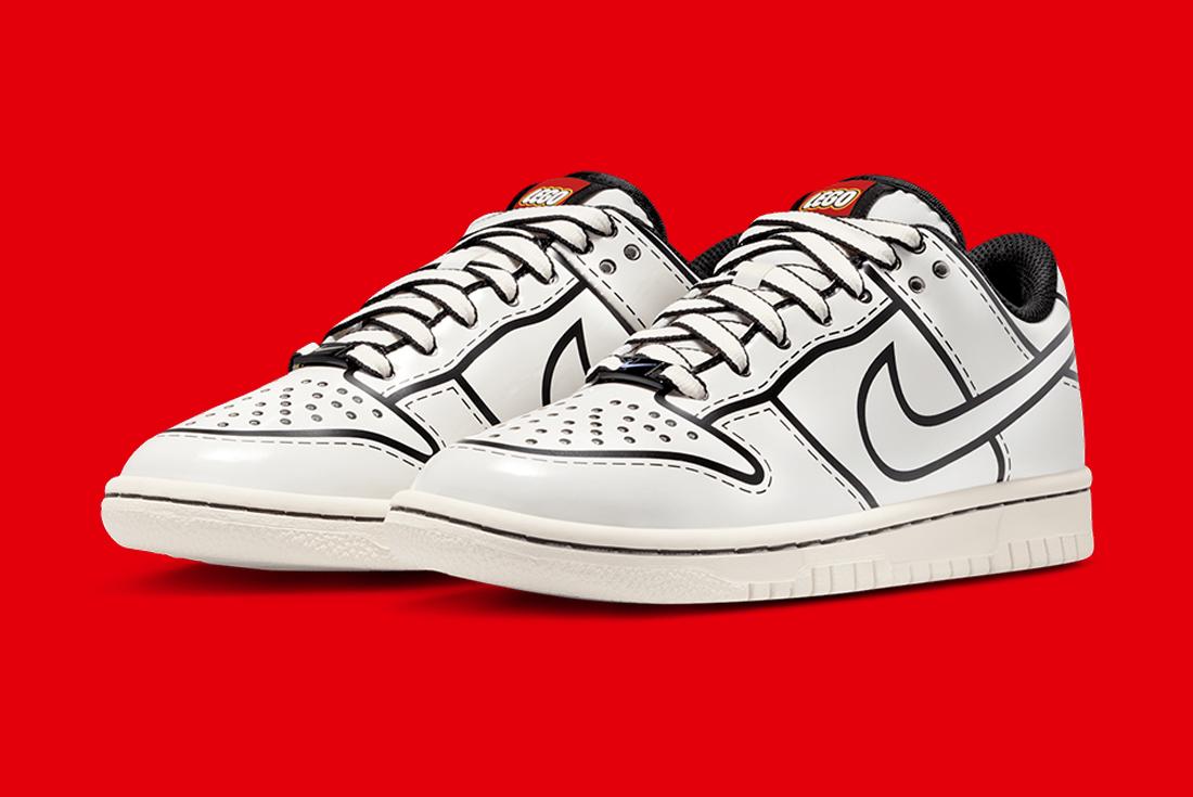 LEGO Nike Dunk Low product shot red background