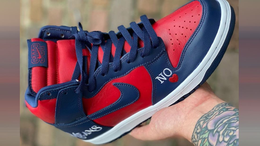 On-Foot Look: Supreme x Nike SB Dunk High 'By Any Means' in Navy/Red -  Sneaker Freaker