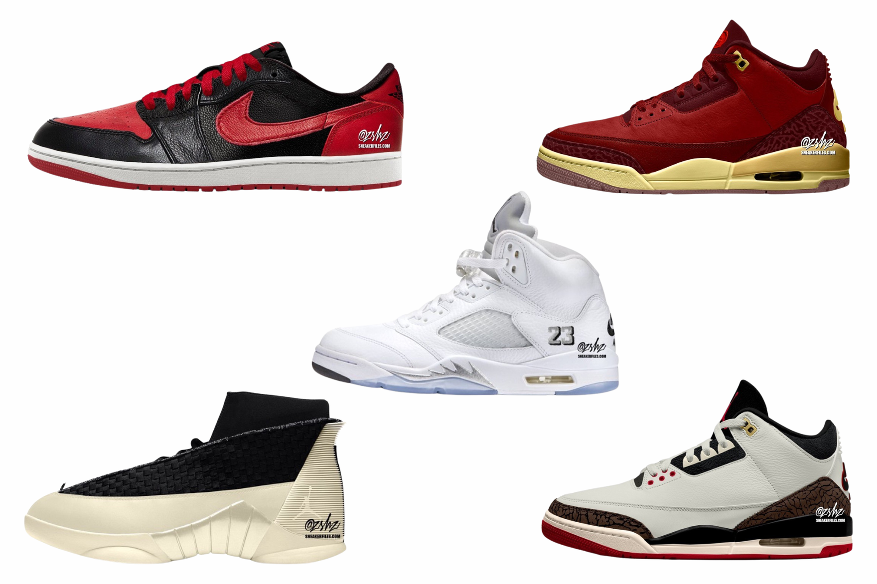 Five different Air Jordan sneakers on a white background
