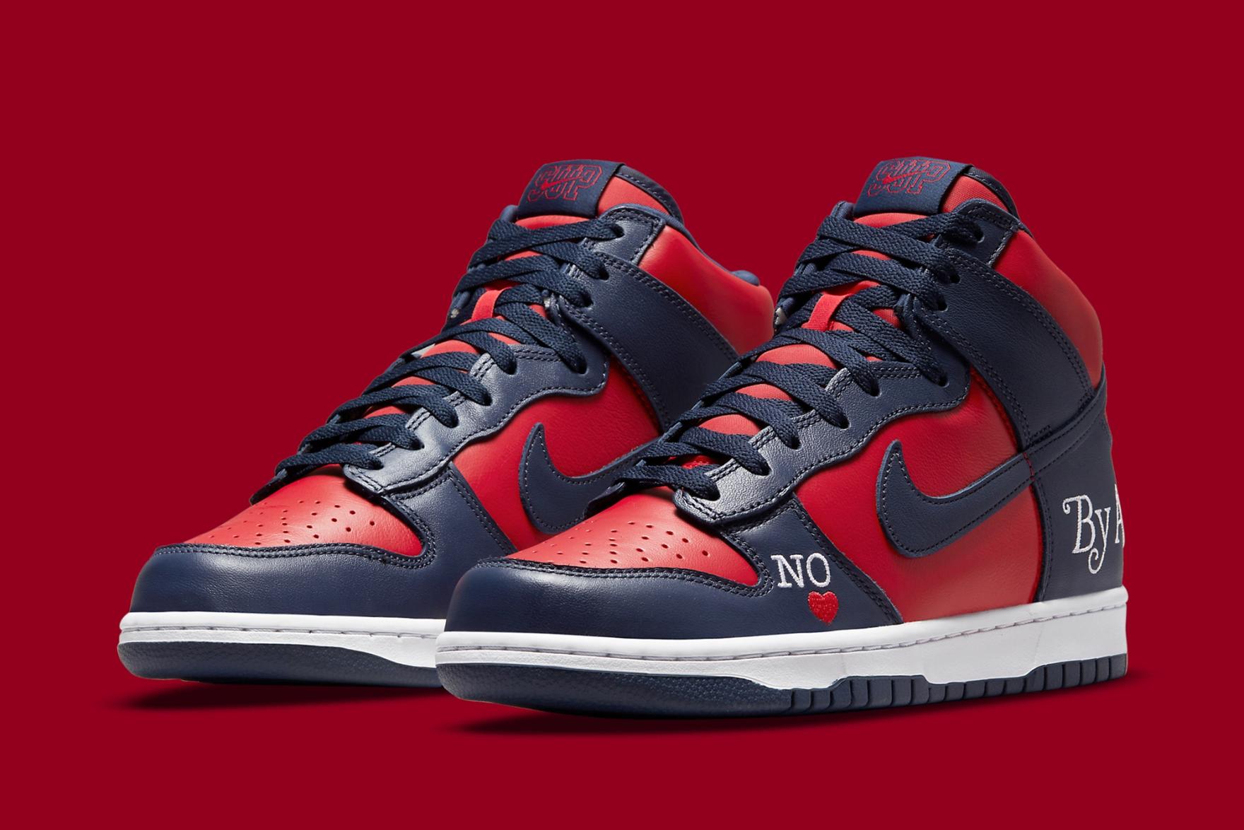Supreme x Nike SB Dunk High 'By Any Means' in Navy/Red