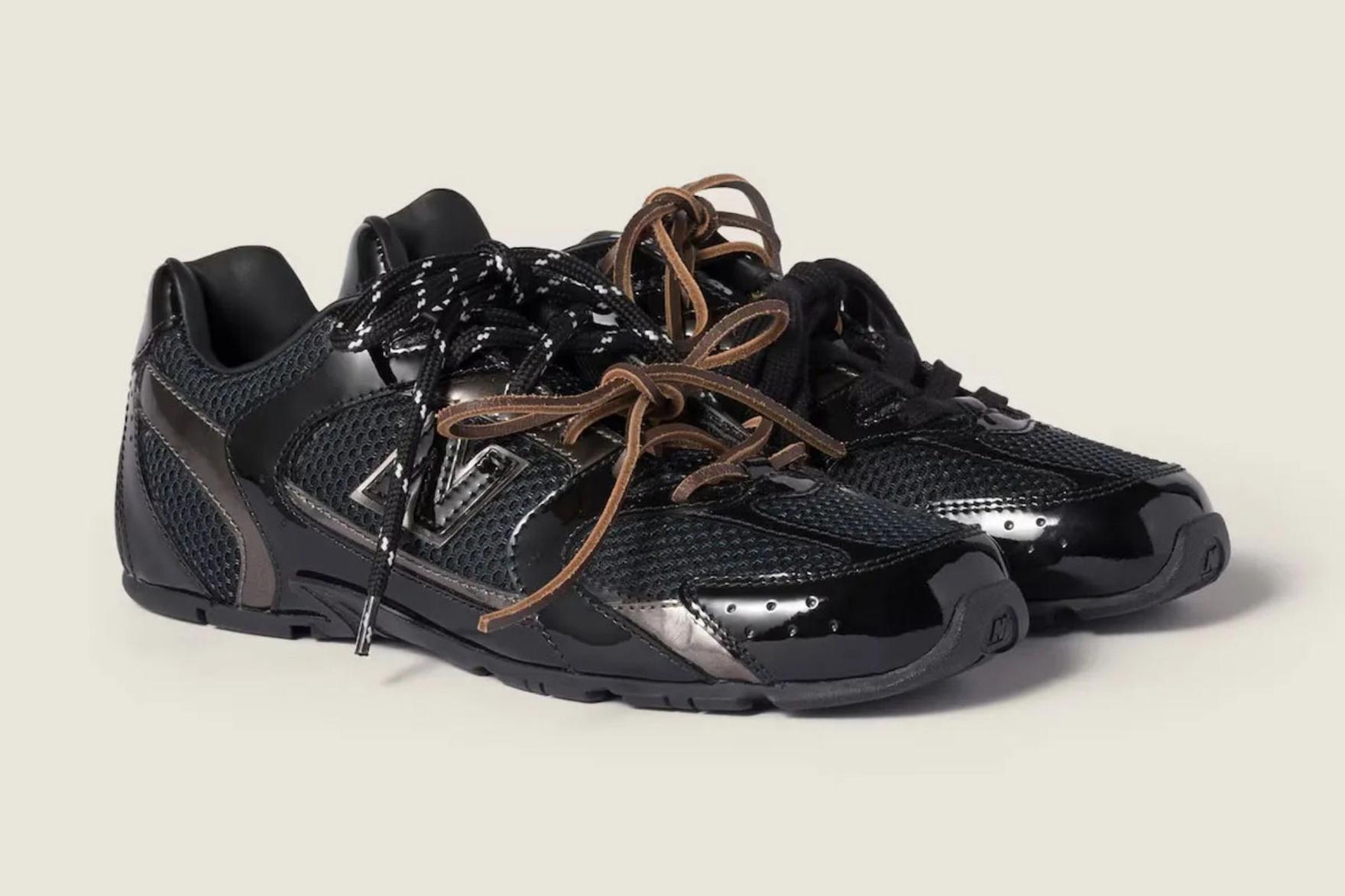 Shiny black and brown New Balance x Miu Miu sneakers