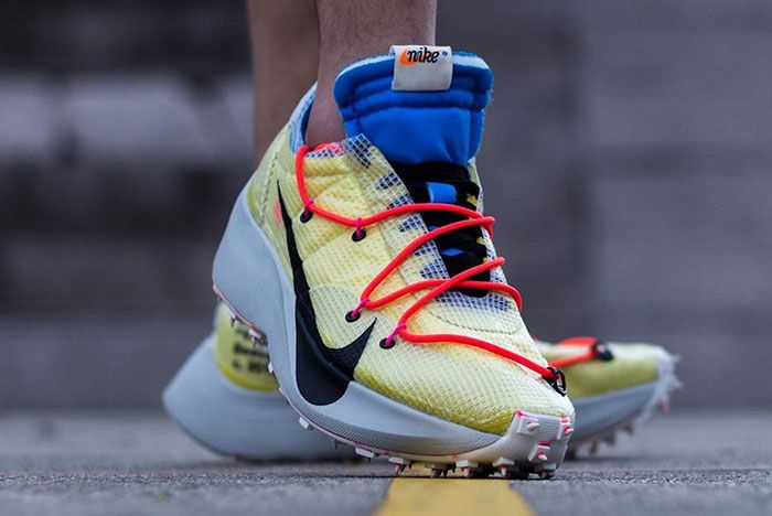 Off White Nike Vapor Street Yellow On Foot Front Angle Shot