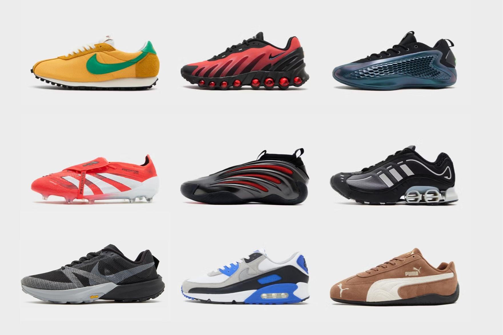 Nine different sneakers in profile against grey background
