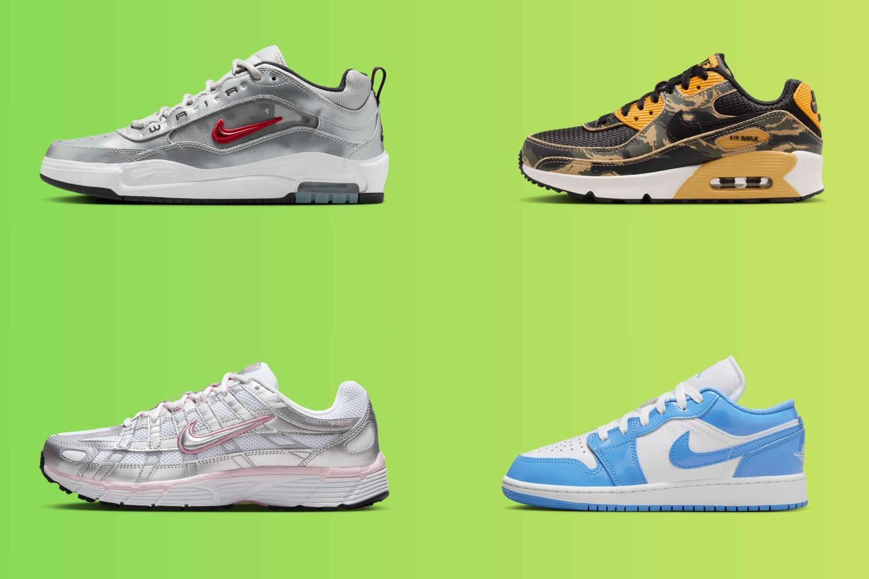 Four nike sneakers on a lime green background