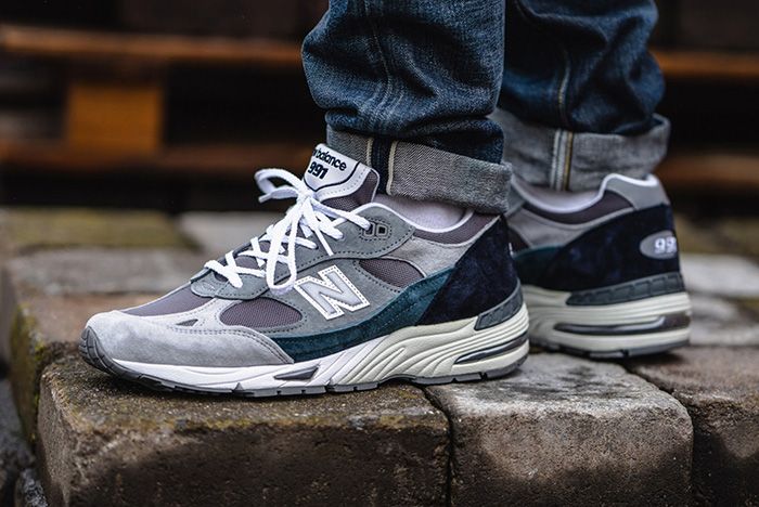New Balance 991 Grey Blue Made In Uk On Foot Lateral