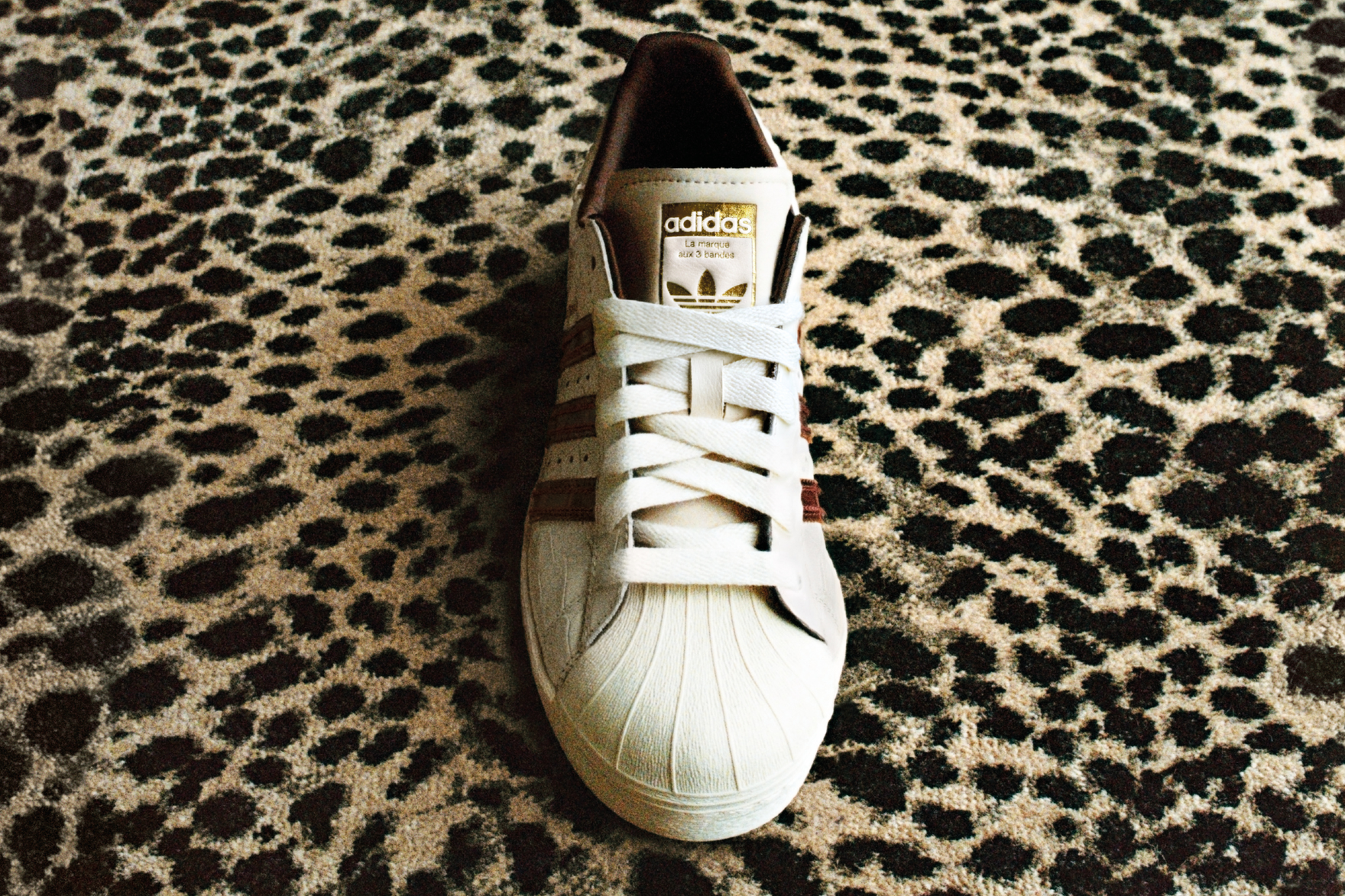 adidas white superstar on leopard print carpet