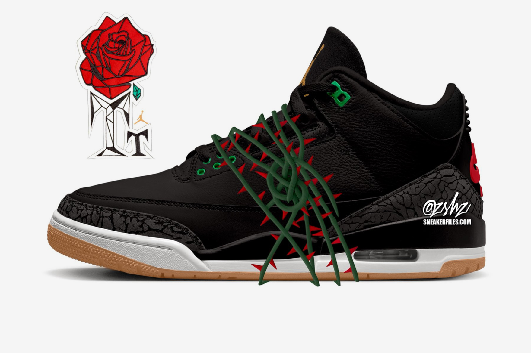 mock up air jordan 3 sneaker black with green thorns around it