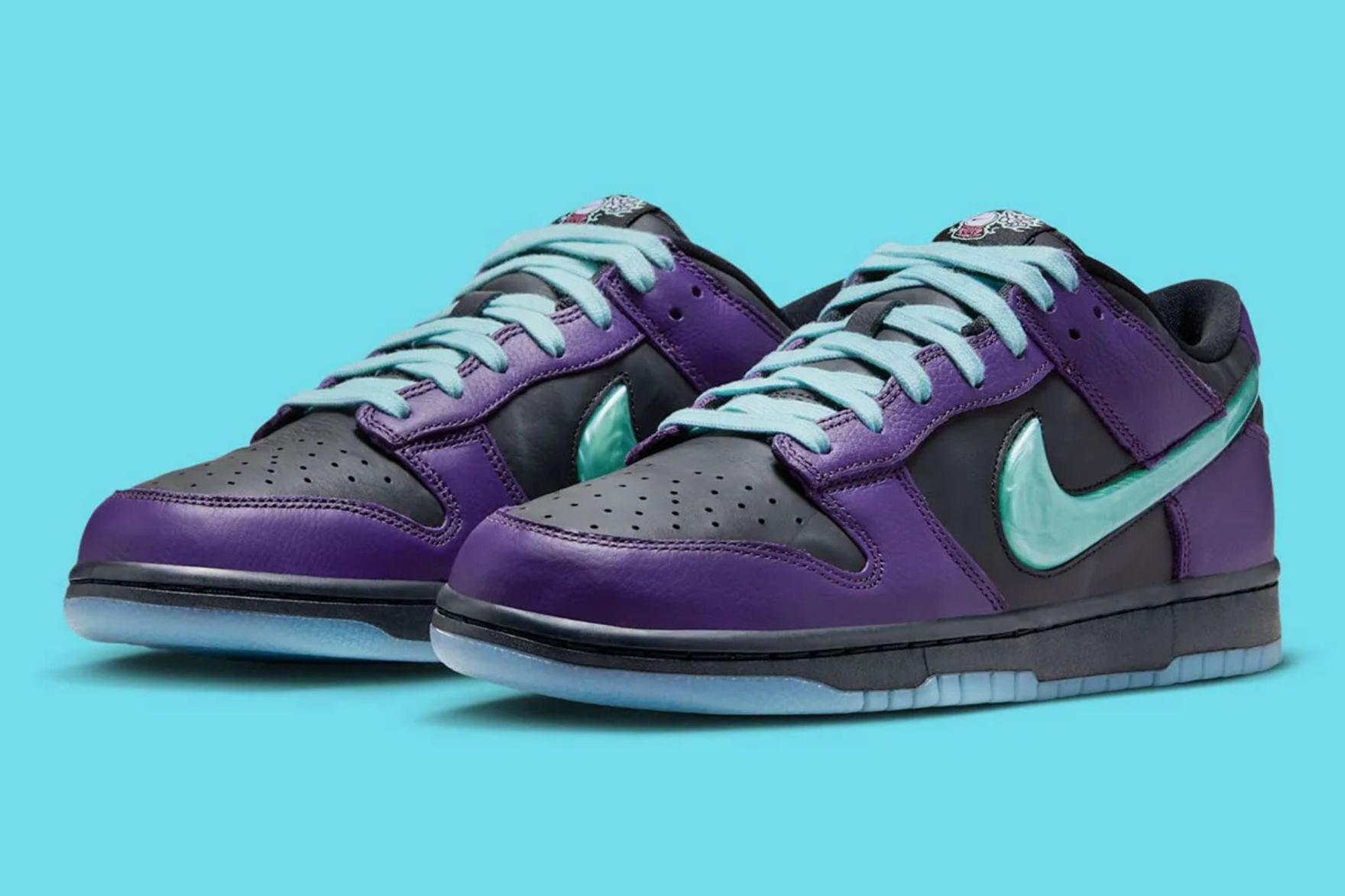 Black and purple Nike Dunk Low sneakers