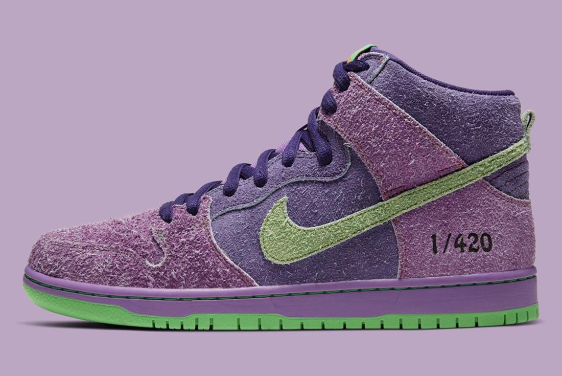Fuzzy purple Nike SB Dunk High 4/20 sneakers weed shoes
