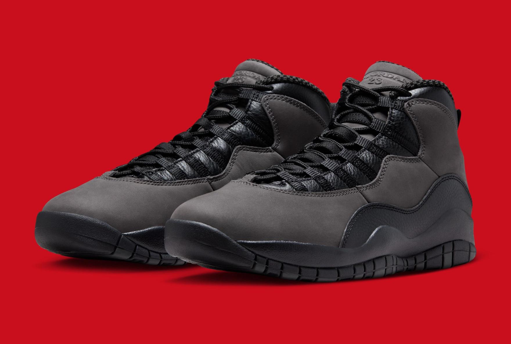 retailer image of air jordan 10 shadow sneakers on Red background