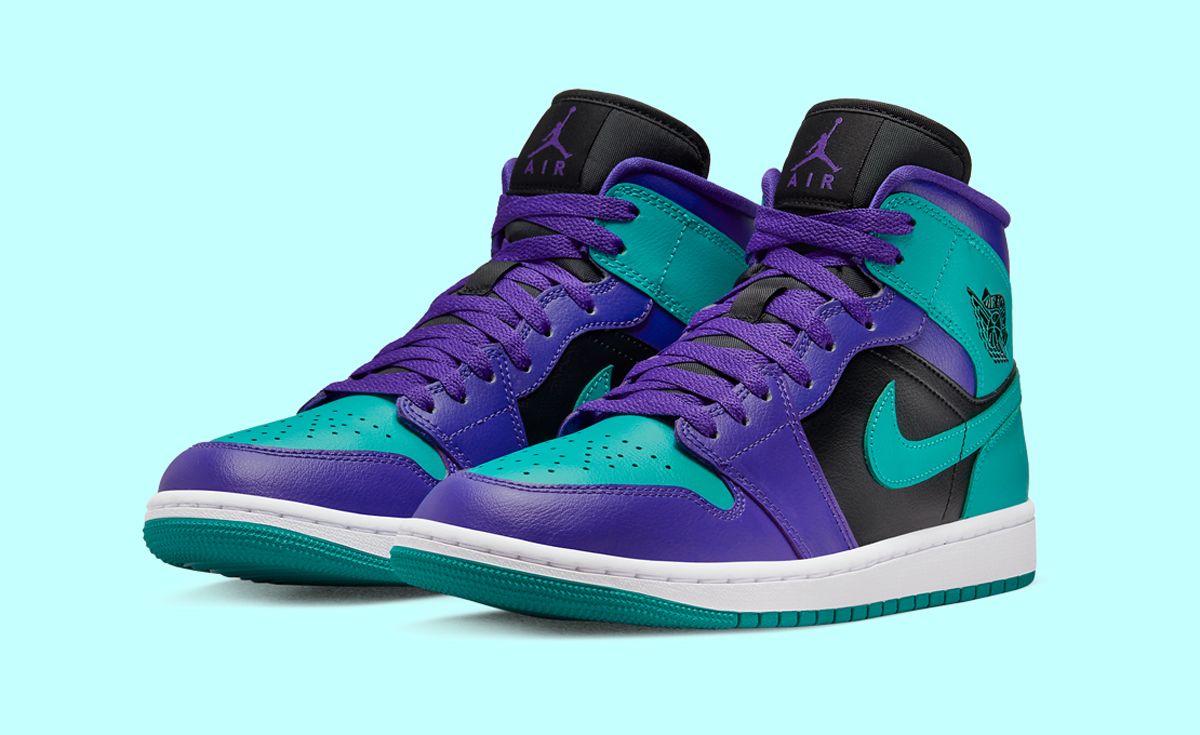 This purple and green jordan 1 Women's Air Jordan 1 Mid Features a Hit of New Emerald