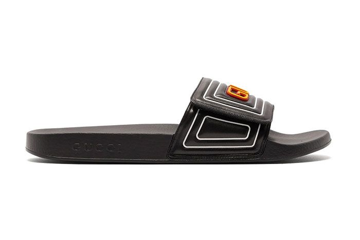 Gucci Gg Cut Out Logo Leather Rubber Slides Yellow Lateral Side Shot