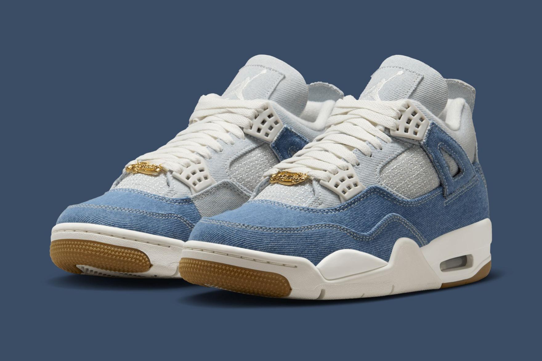 a white and blue denim air jordan 4 sneaker on a blue background