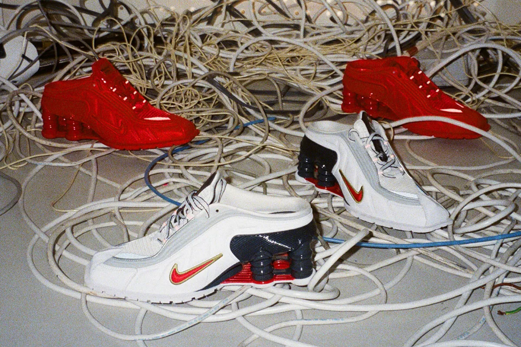 Martine Rose x Nike Shox MR4 sneaker placed on floor