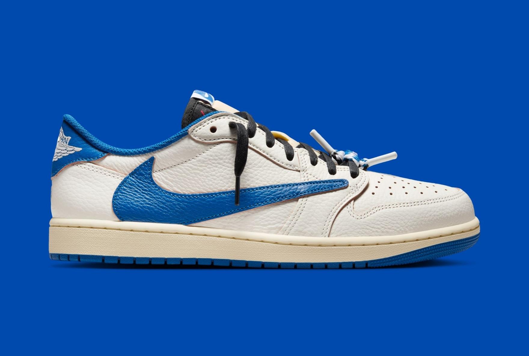 Fragment x Travis Scott x Air Jordan 1 Low 2025 on Blue Background