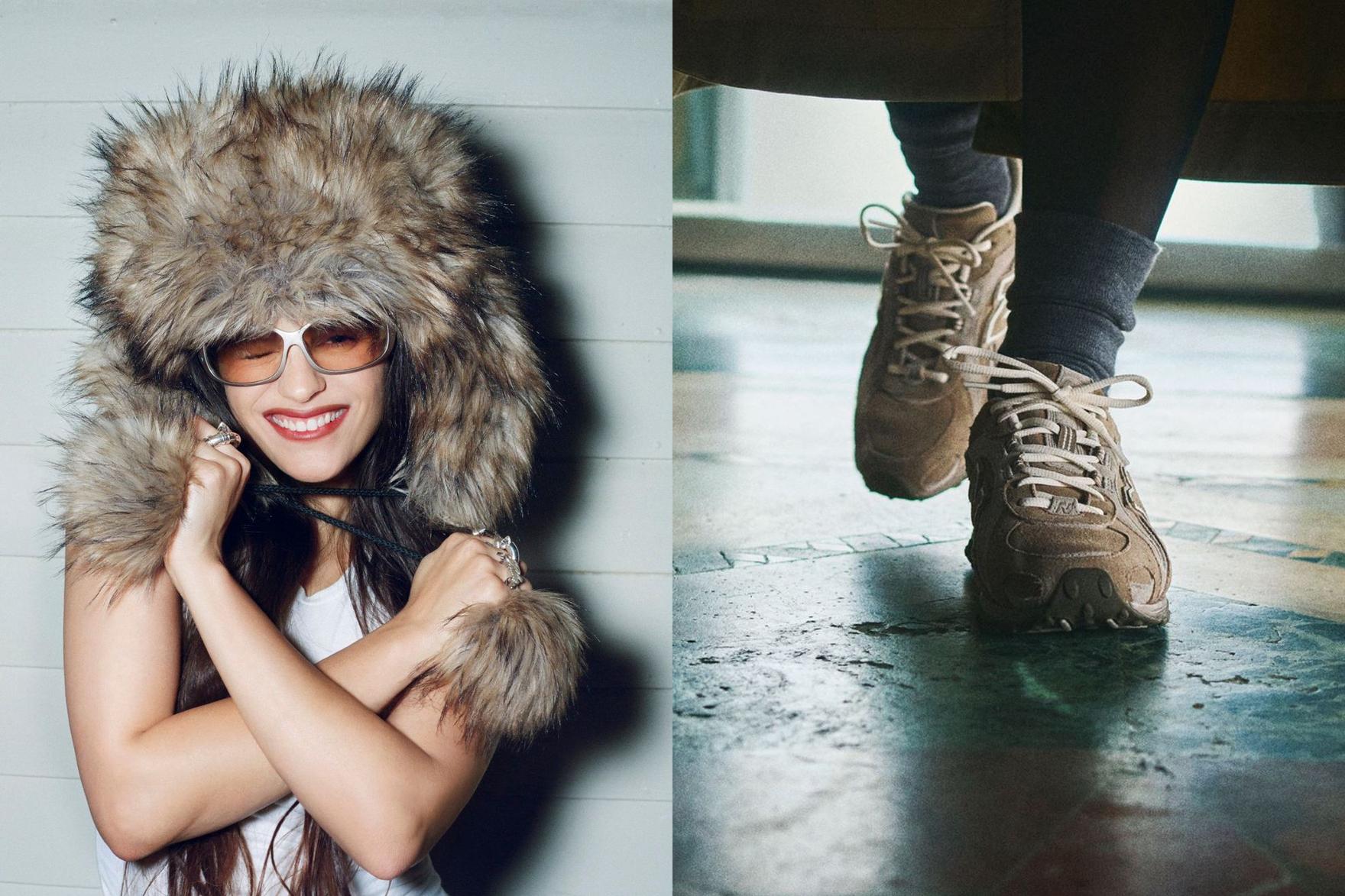 Composite image of young woman in fur hat and sneakers