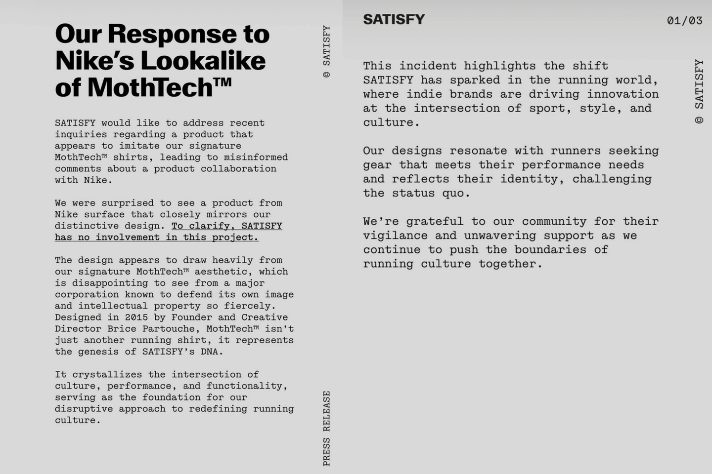 Satisfy running statement against Nike over 'copycat' MothTech Tees