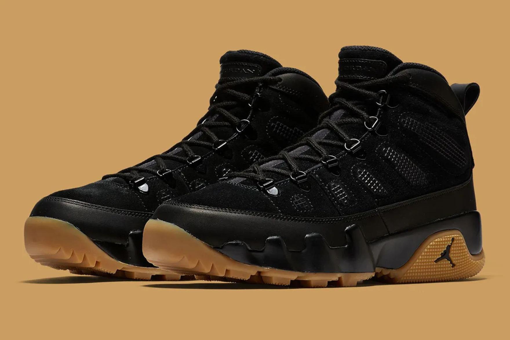 Black and camel-brown Air Jordan 9 boot on caramel background