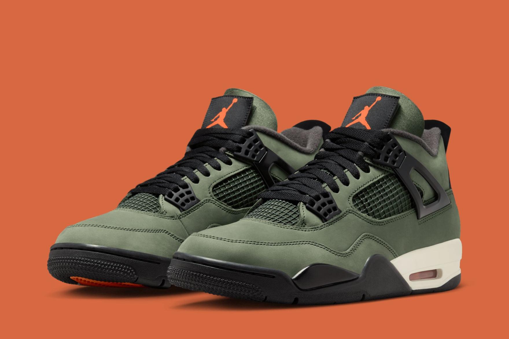 Olive green, black and orange Undefeated Air Jordan 4 sneakers