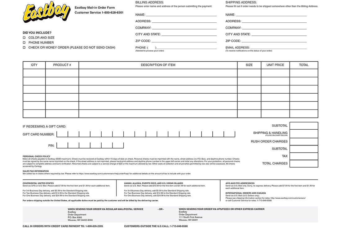 Eastbay Mail Order Form
