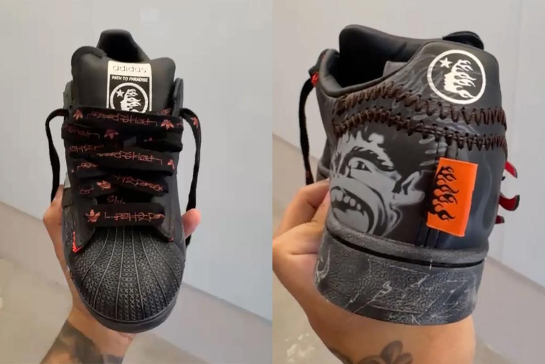hellstar adidas sneaker held in-hand
