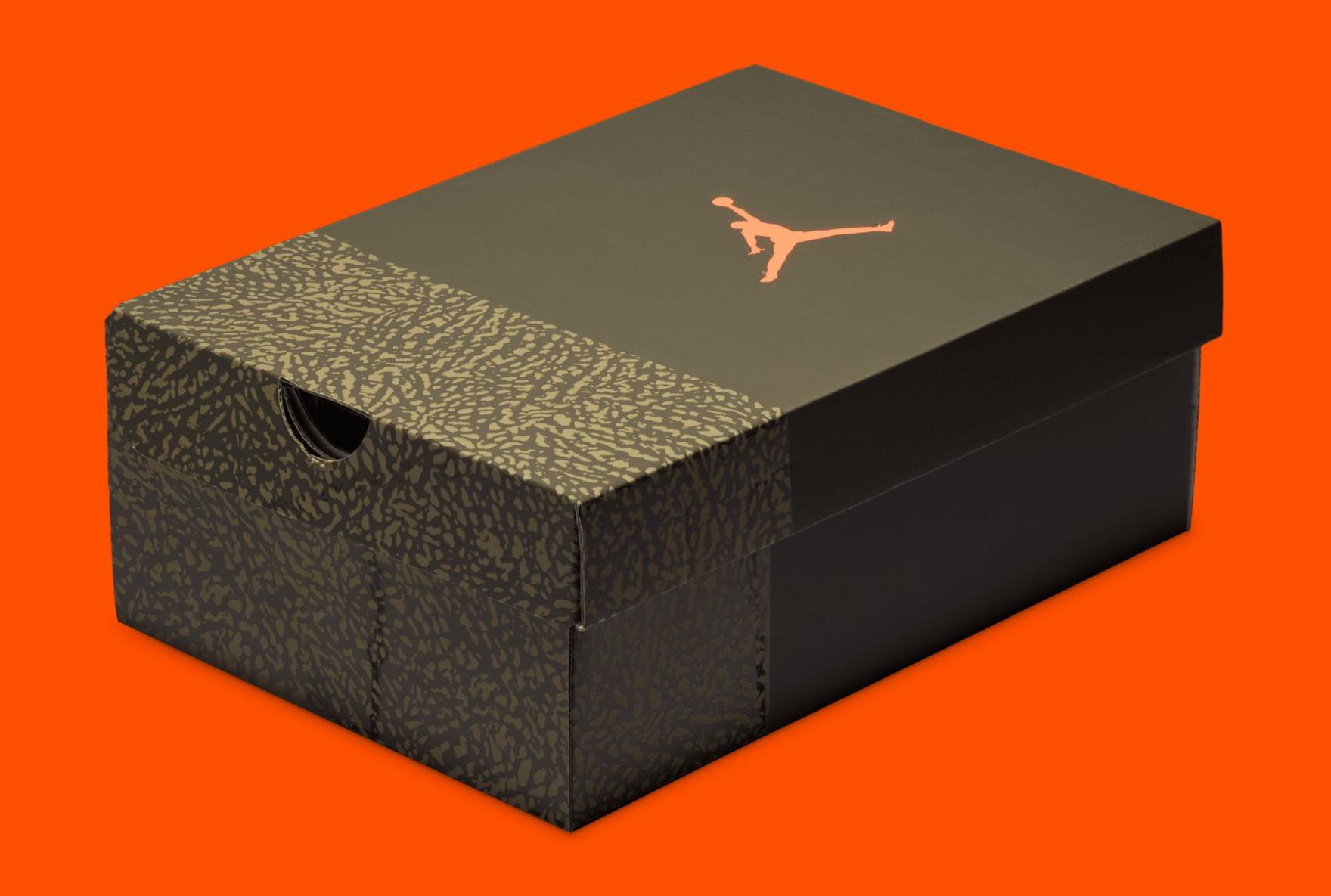 Air Jordan 3 family Affair shoebox on orange background