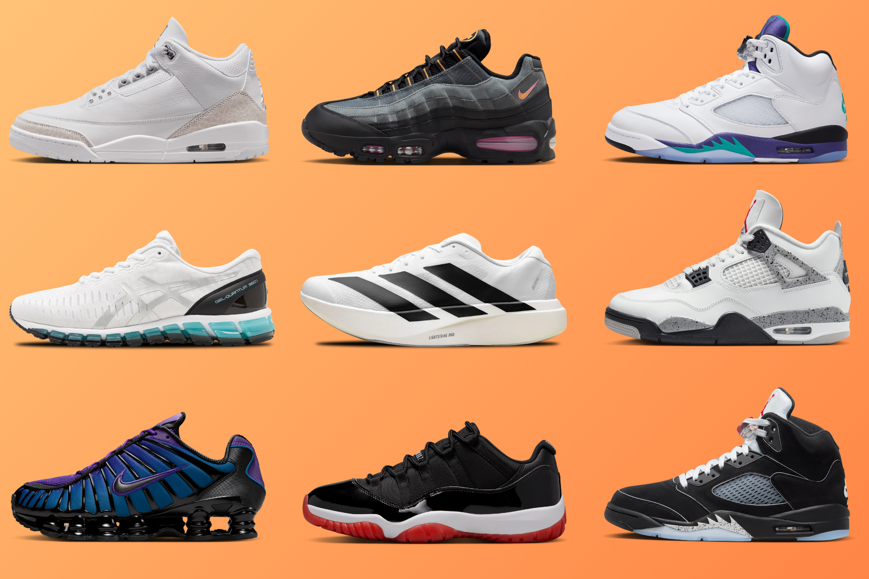 nine sneakers on an orange background