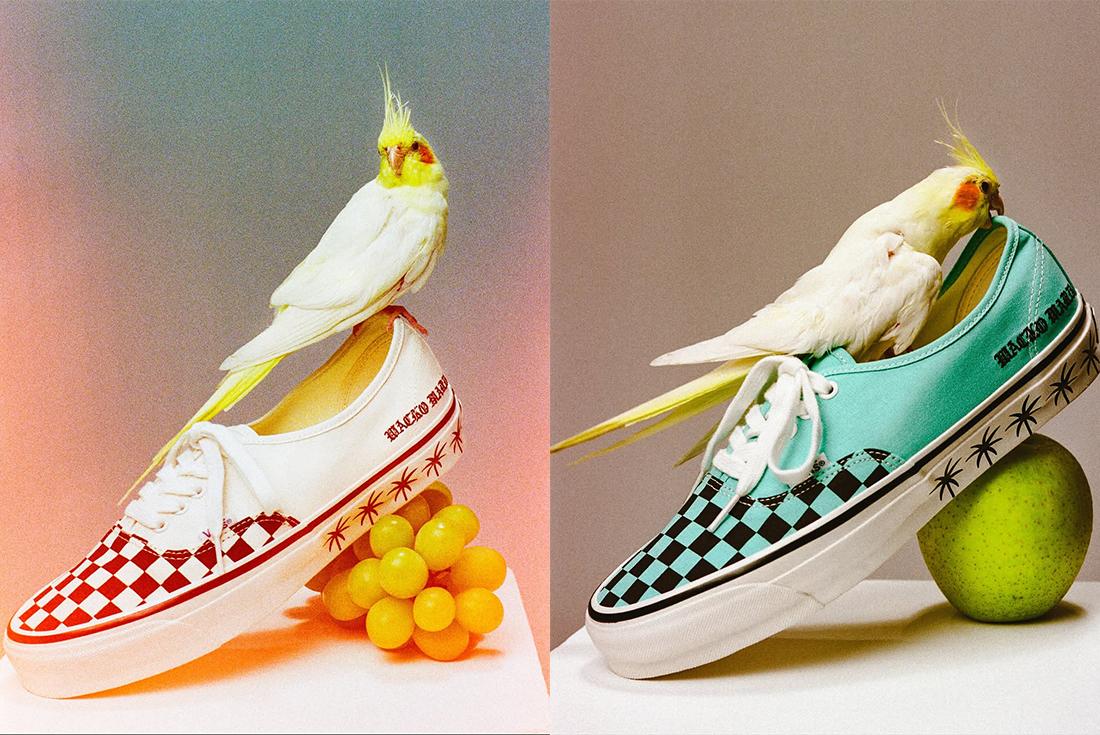 wacko maria vans sneakers with fresh fruit and a cockatiel parrot