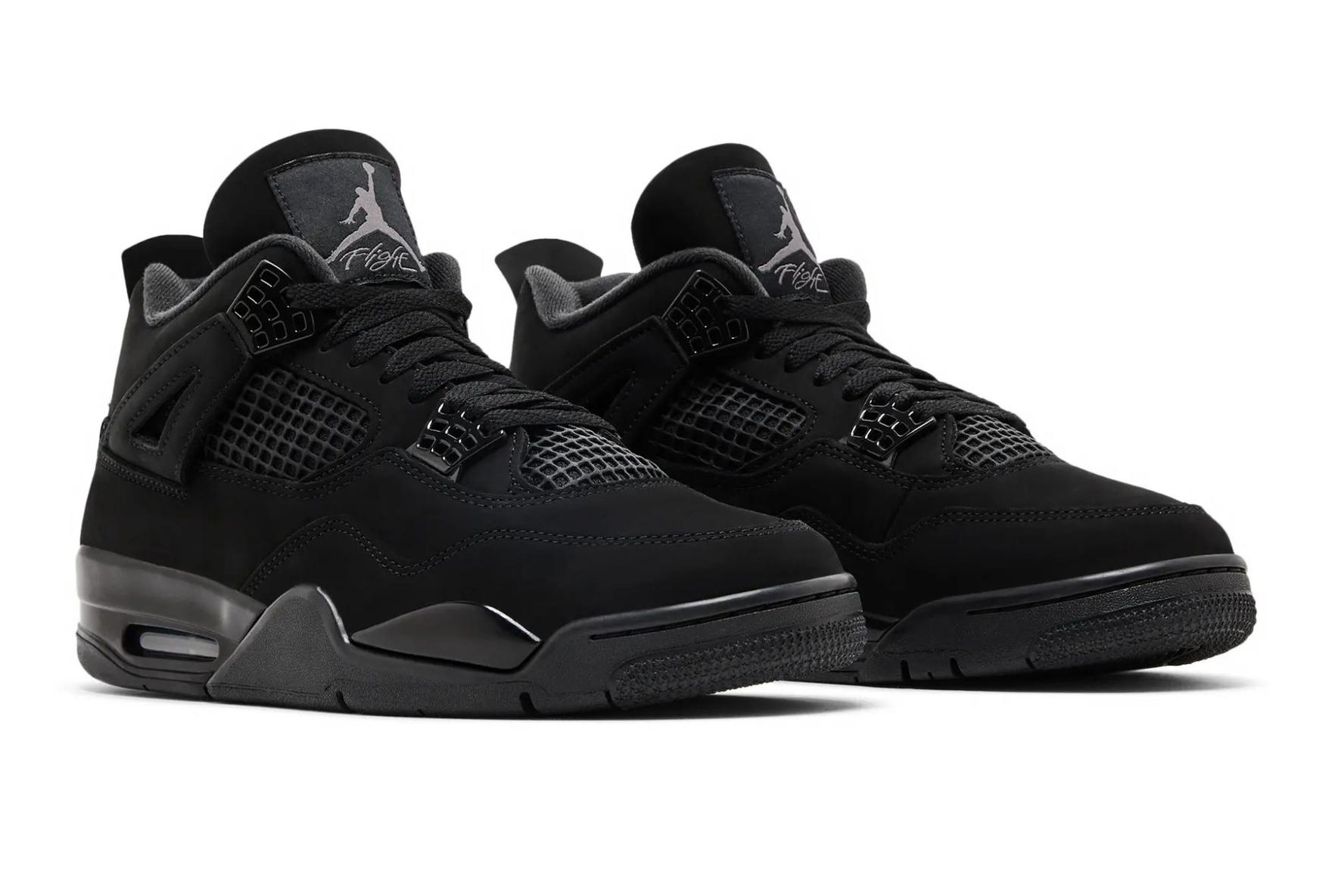 Angled shot of Air Jordan 4 Black Cat sneaker