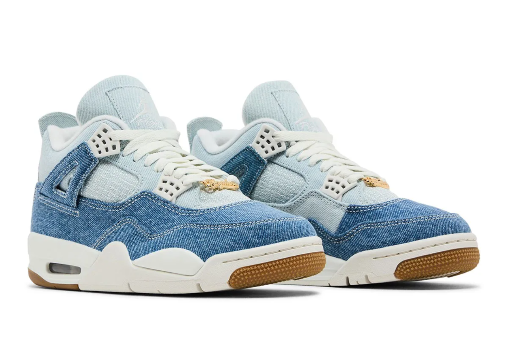 a white and blue denim air jordan 4 sneaker on a white background