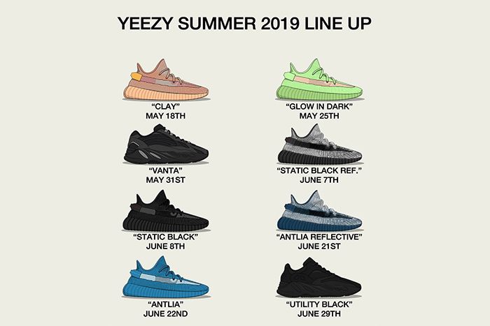 Adidas Yeezy 350 700 V2 2019 Summer Glow Vanta Utility Black Antlia Release Date Lineup