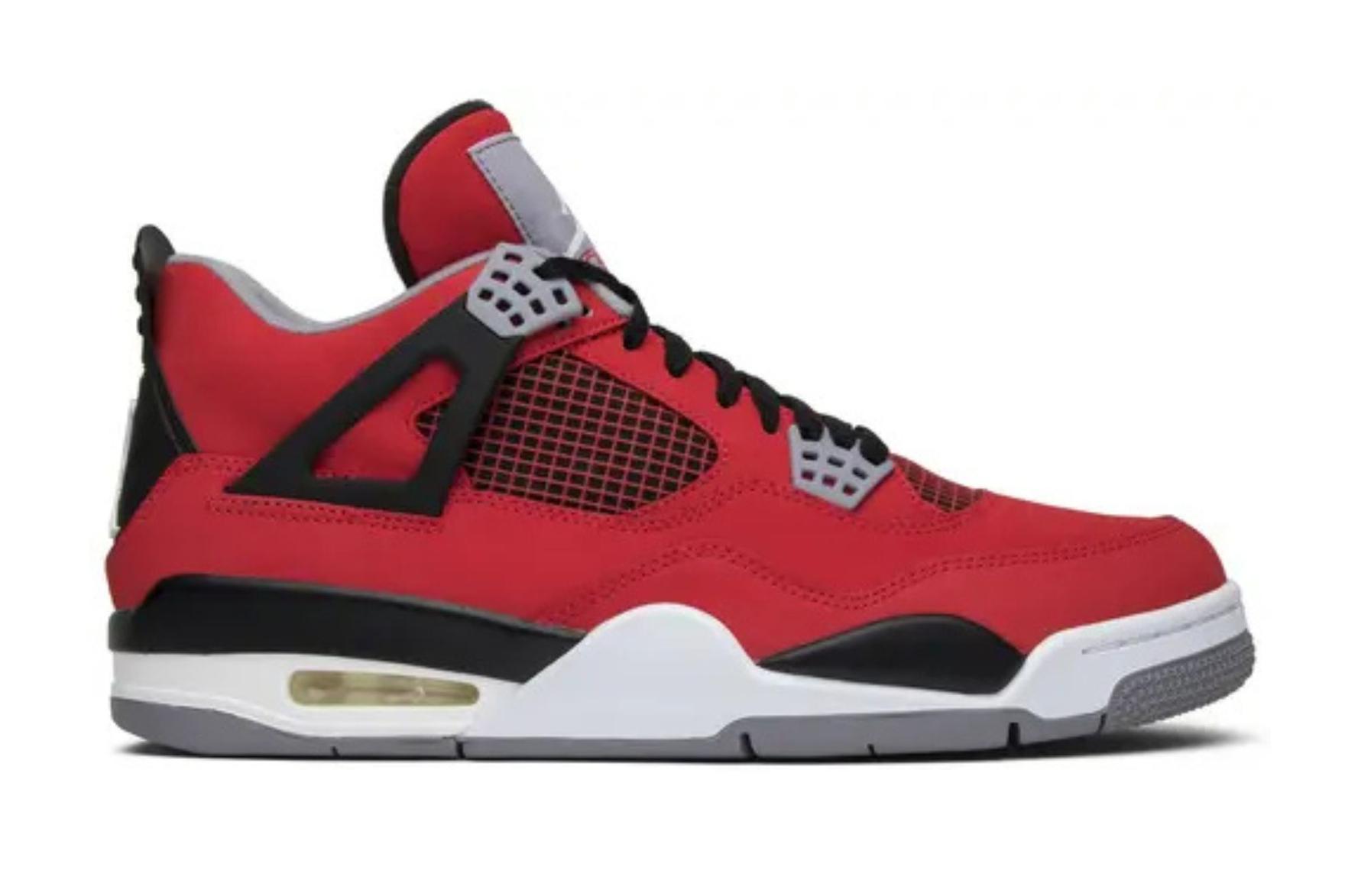 Air Jordan 4 Toro Bravo red and black sneakers on white