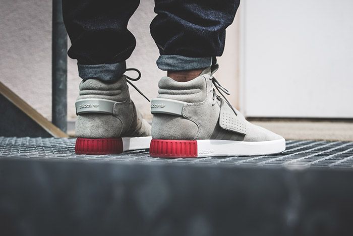 adidas tubular invader strap red on feet