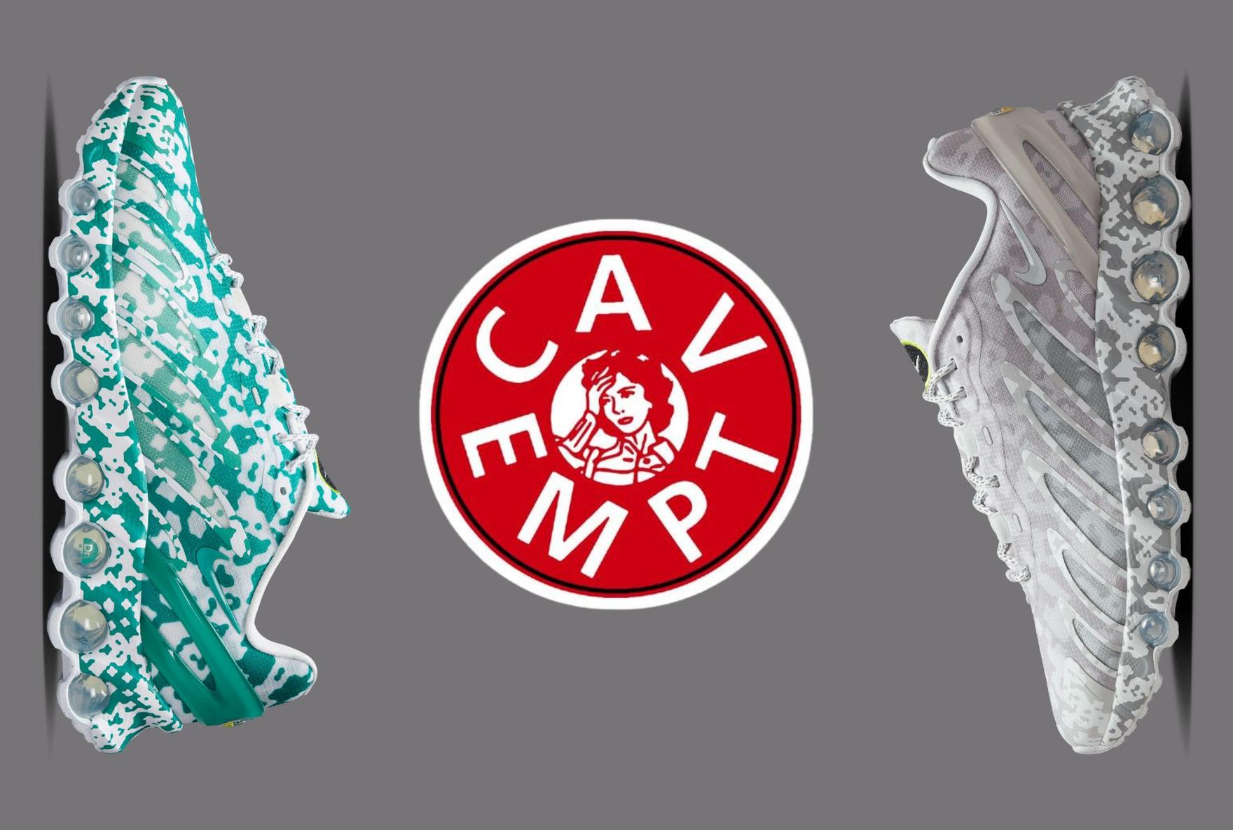An aquamarine sneaker and a white sneaker with Cav Empt logo