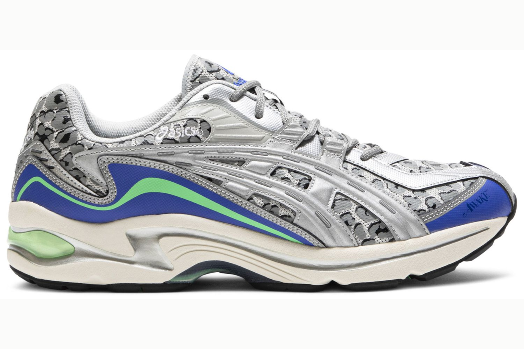 silver asics sneaker on white background