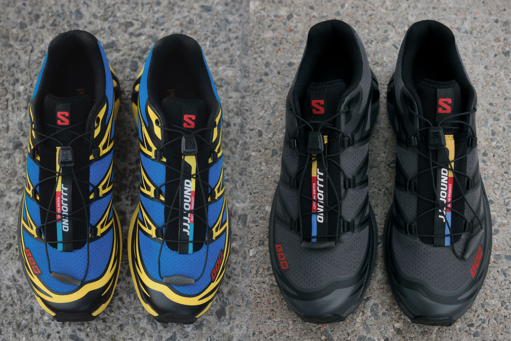 two sets of salomon sneakers side by side on concrete floor