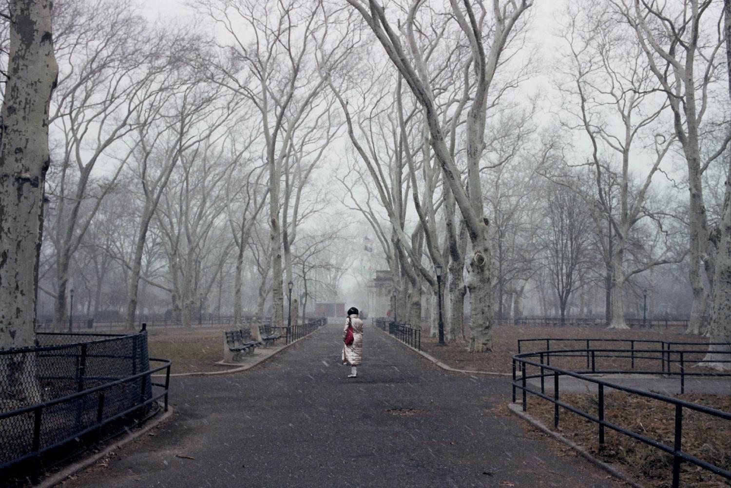 Woman in distance while snowing