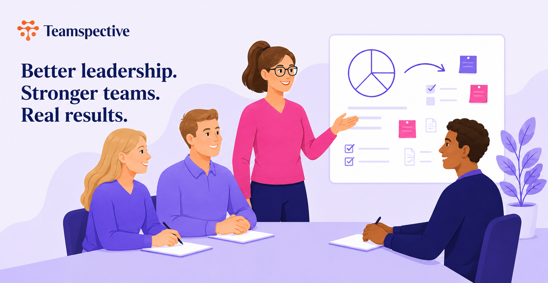Illustration of an engaged team with a manager presenting insights at a whiteboard, alongside the caption 'Better leadership. Stronger teams. Real results.' -- representing the outcomes of AI leadership enablement.
