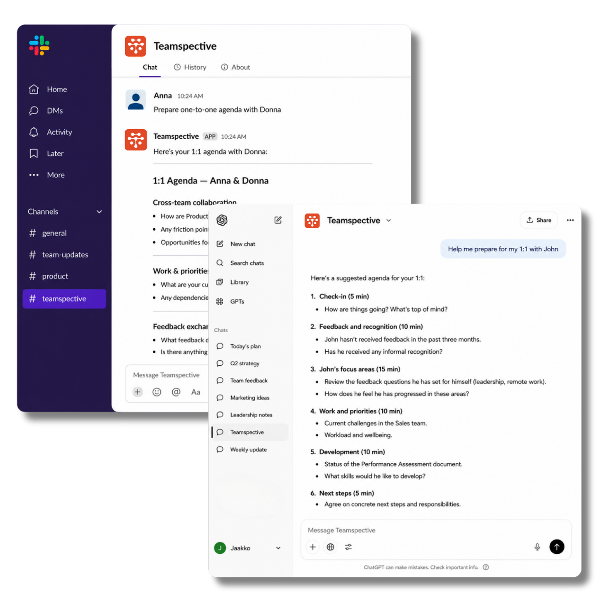 Lea preparing a 1:1 agenda, side by side in Slack and ChatGPT