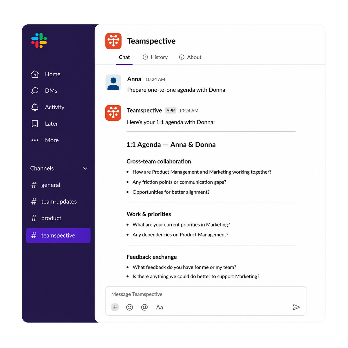 A manager asks Teamspective in Slack to prepare a one-to-one agenda, and receives talking points on collaboration, priorities and feedback without opening a separate platform.