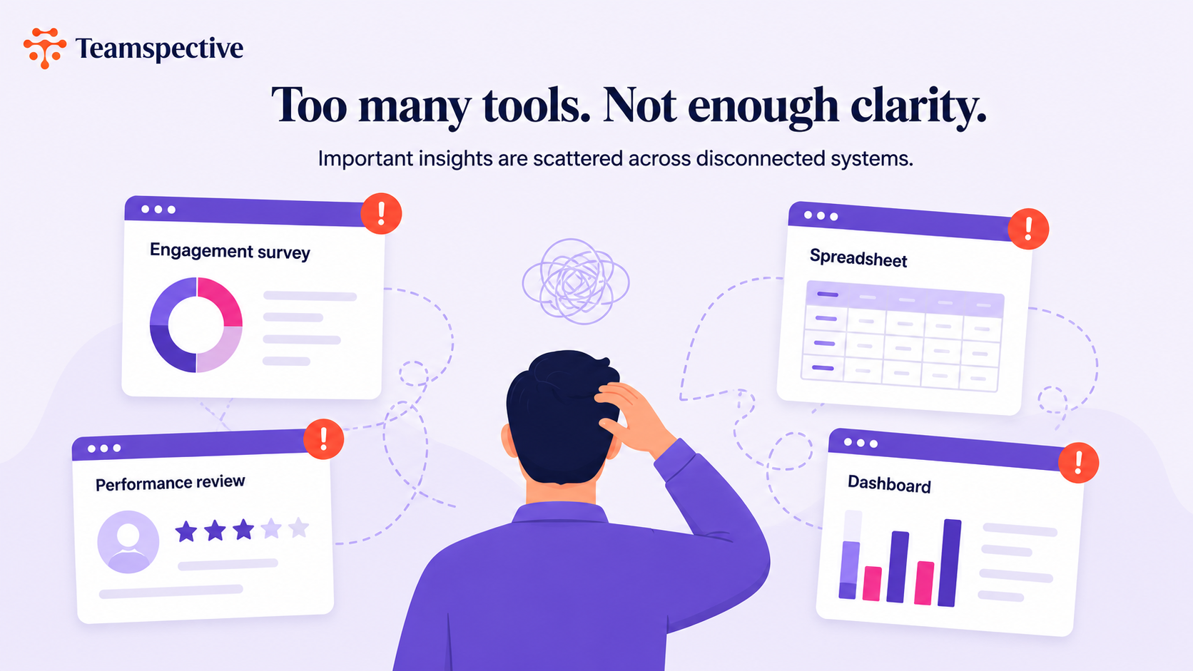Illustration showing a manager surrounded by four disconnected tools -- engagement survey, spreadsheet, performance review, and dashboard -- with the caption 'Too many tools. Not enough clarity.'