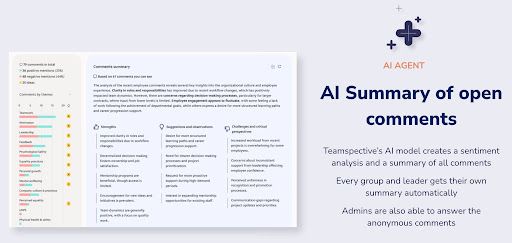 Teamspective AI agent generating a sentiment analysis and summary of open survey comments, with separate insights for each group and leader.