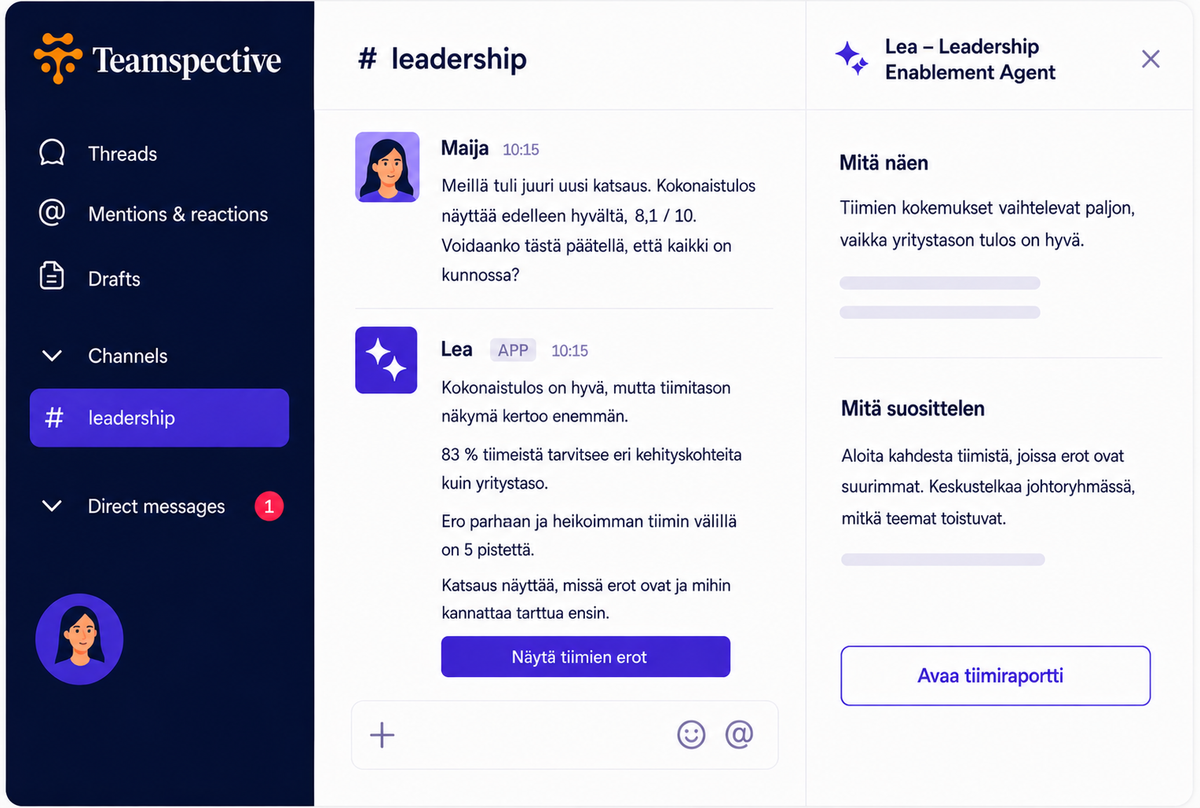Teamspective-näkymä Slackissa: #leadership-kanavalla Lea vastaa kysymykseen 8,1/10:n kokonaistuloksesta ja huomauttaa, että tiimitason näkymä kertoo enemmän, sillä 83 prosenttia tiimeistä tarvitsee eri kehityskohteita kuin yritystaso. Oikeassa paneelissa Lea suosittelee aloittamaan kahdesta tiimistä, joissa erot ovat suurimmat.