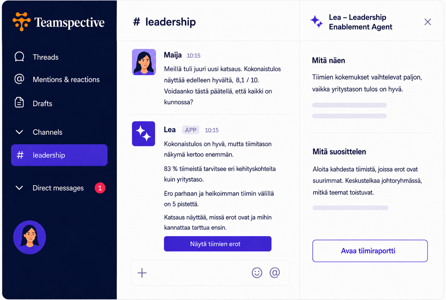 Teamspective-näkymä Slackissa: #leadership-kanavalla Lea vastaa kysymykseen 8,1/10:n kokonaistuloksesta ja huomauttaa, että tiimitason näkymä kertoo enemmän, sillä 83 prosenttia tiimeistä tarvitsee eri kehityskohteita kuin yritystaso. Oikeassa paneelissa Lea suosittelee aloittamaan kahdesta tiimistä, joissa erot ovat suurimmat.