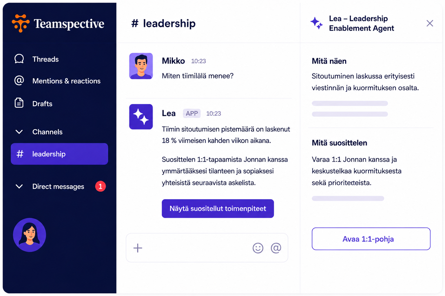 Lean Slack-viesti esihenkilölle: sitoutumishälyytys tiimin jäsenestä ja suositus 1:1-keskustelulle. Lea toimii suoraan Slackissa, erillistä sovellusta ei tarvita.