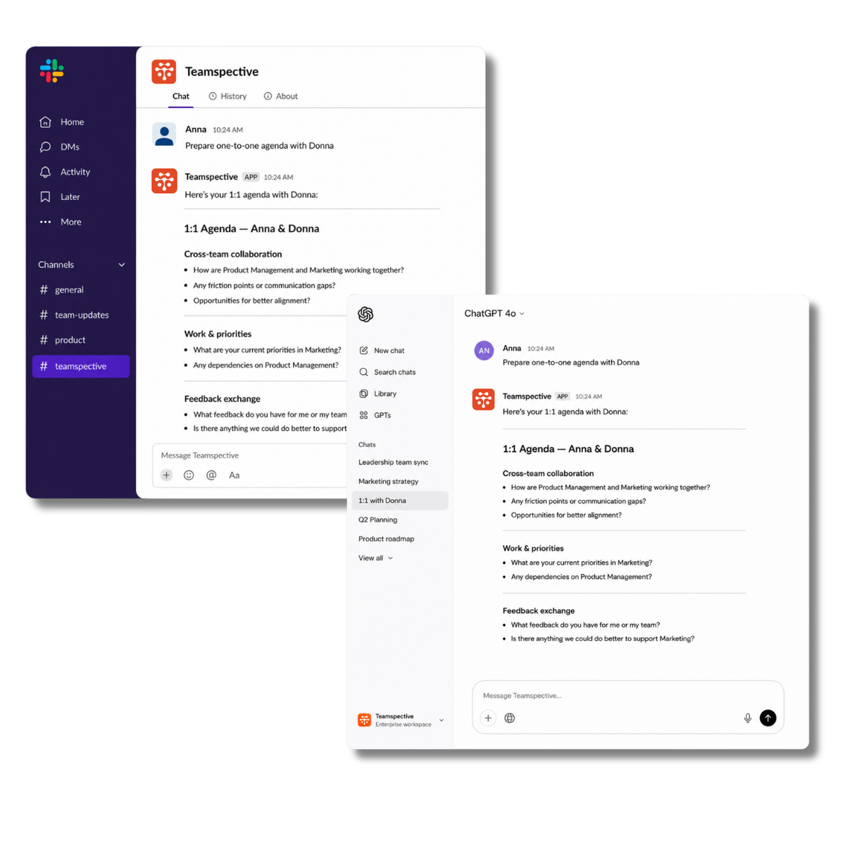 A manager asks Teamspective in Slack what their team's engagement results mean, and receives a concrete next step without opening a separate platform.
