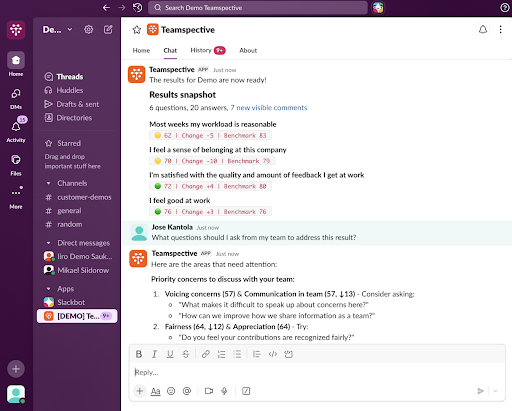 Teamspective engagement survey results delivered in Slack, showing a manager asking what questions to ask their team and receiving AI-generated priority discussion points.