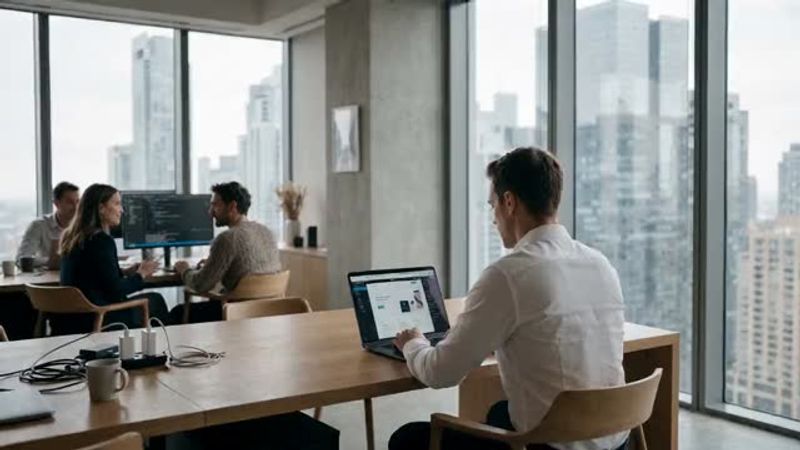 Professional working at a computer in a modern office.