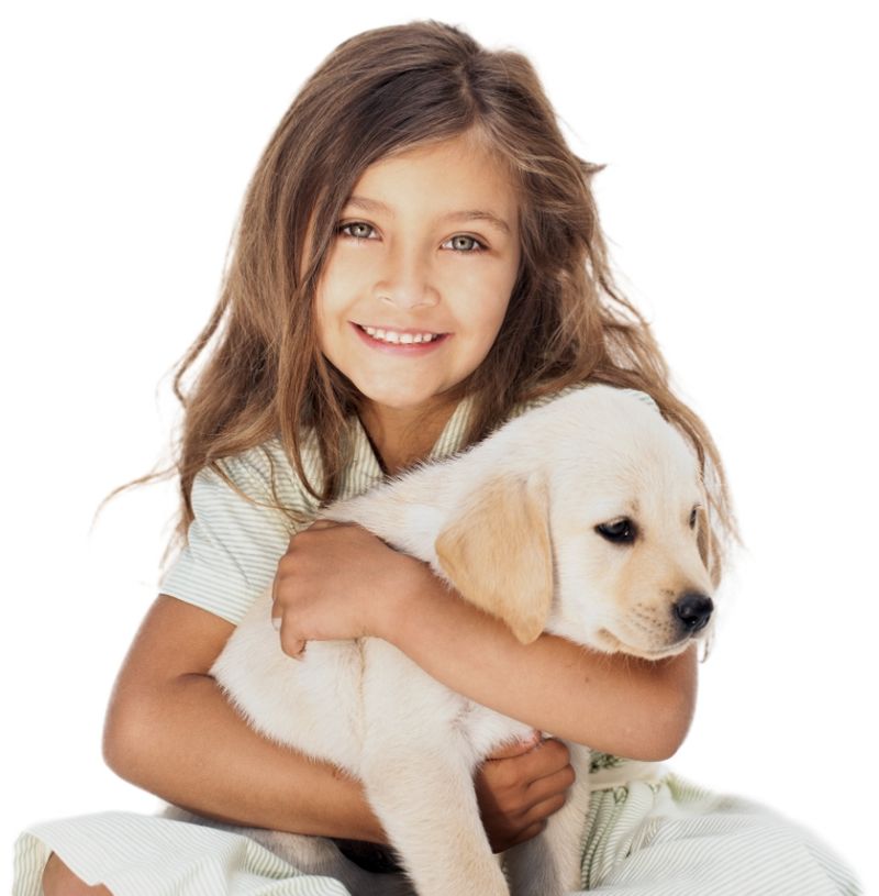 little girl holding puppy
