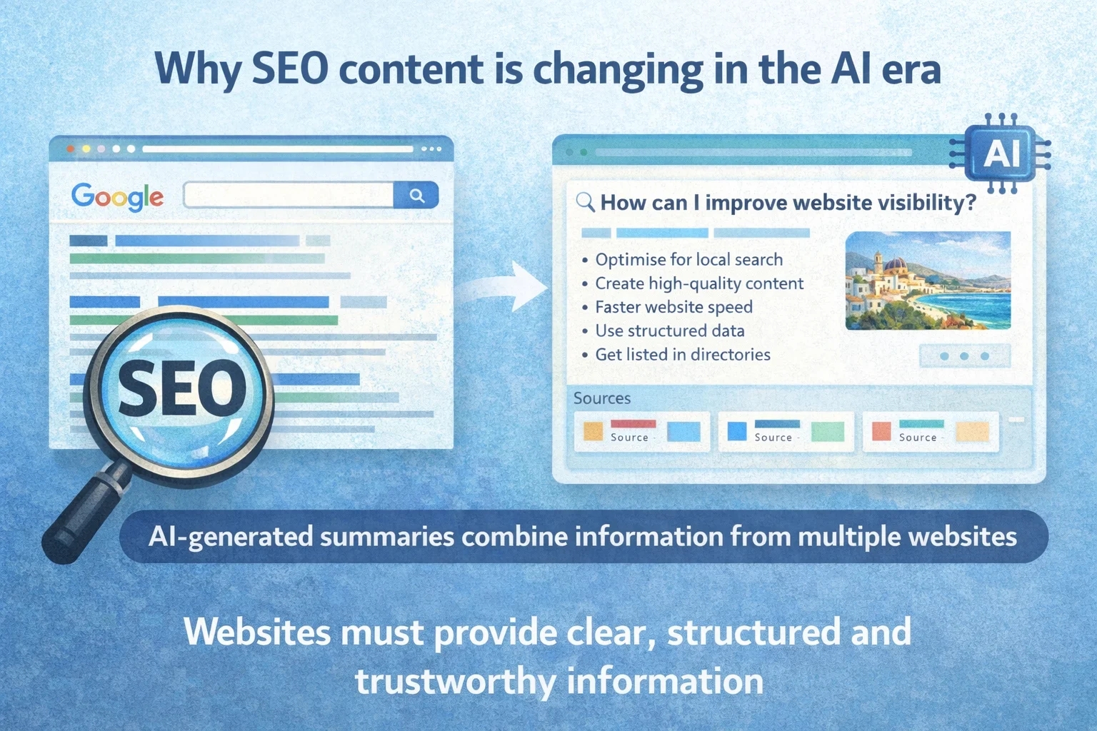 Leer hoe je content schrijft die goed werkt voor SEO en AI-search. Praktische tips voor ondernemers en websites aan de Costa Blanca.